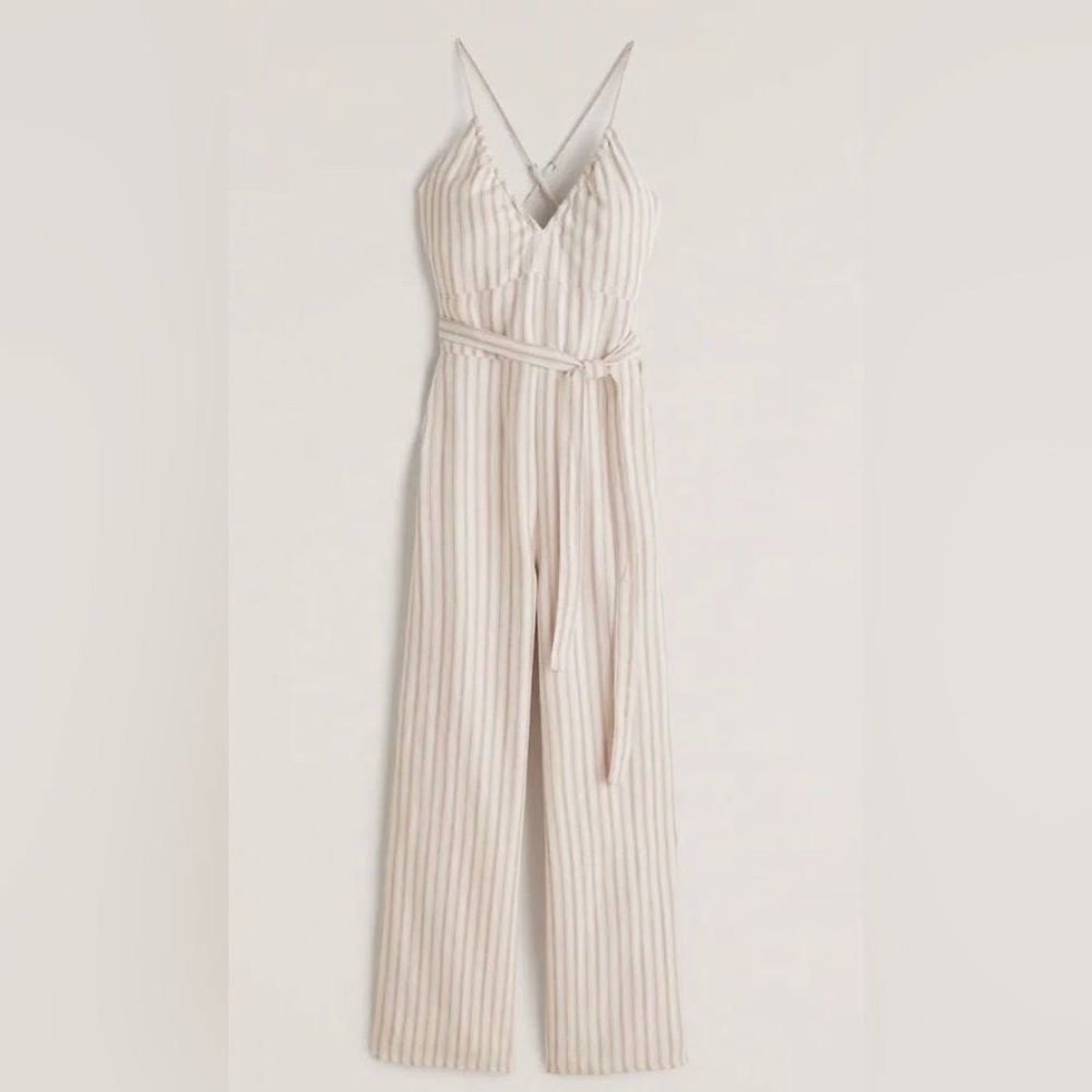 A&F • Halter Crossback Jumpsuit • Beige & White Striped Jumpsuit